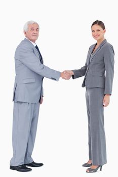 Businessman and woman shaking hands against a white background