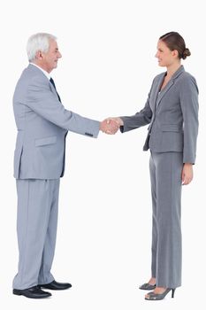 Side view of smiling businesspartner shaking hands against a white background