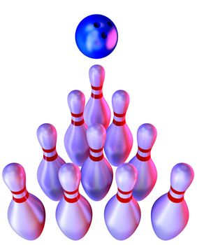 bowling ball and skittles on white background