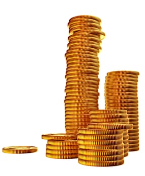 Stacks of golden dollar coins on white background
