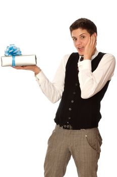 man holding in the hands the gray box with blue ribbon as a gift