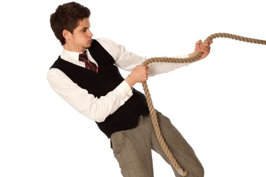strong-willed man pulling of a rope and wins as a symbol of business success