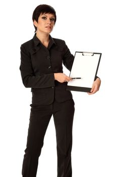 The manager with white blank paper in the hands making a presentation