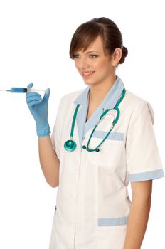 Woman holds in the hand syringe with a new antibiotic