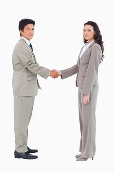 Side view of trading partners shaking hands against a white background