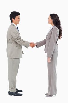 Side view of hand shaking trading partners against a white background