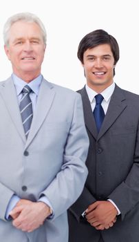 Young salesman with his mentor against a white background
