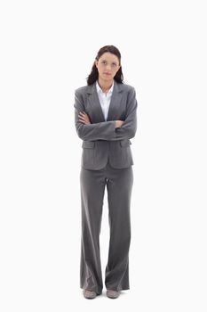 Businesswoman thinking against white background