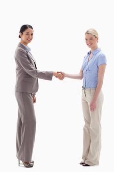 Smiling women shaking hands against white background