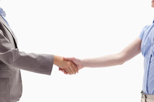 Handshake between two women against white background