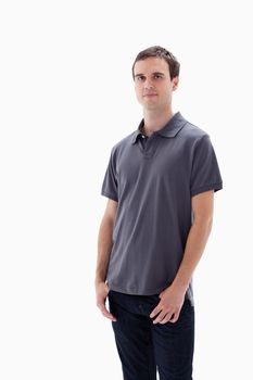 Close-up of a standing man against white background