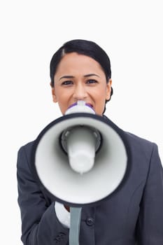 Close up of saleswoman with megaphone against a white background