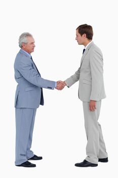Side view of tradesmen greeting against a white background