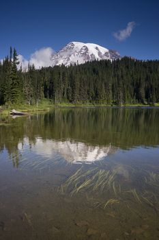 Mt. Rainier above the water at reflection lake