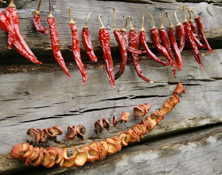 Red hot chilies and mushrooms naturally drying