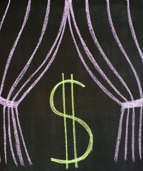 Dollar on a theatrical stage, drawn on a blackboard