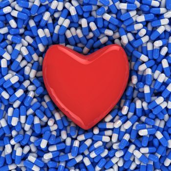 Heart on the background of blue and white capsules, three-dimensional computer graphic.