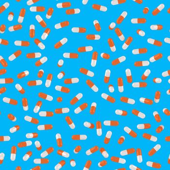 Orange and white pills on the blue background, seamless
