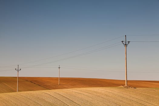 Power-transmission poles on the empty field in spring