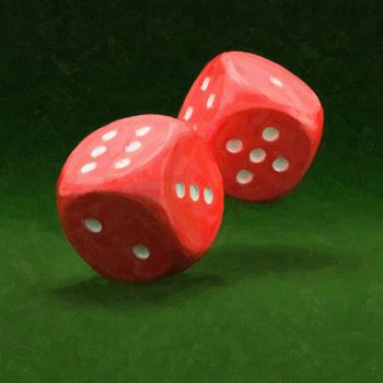 Painting of two red dices on green background