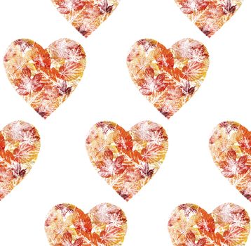 Seamless background, Valentine red hearts from leaves, hand-draw, watercolor
