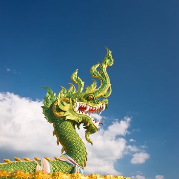 The head of asian dragon on the cloudy sky background