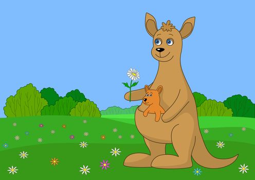 Animals: mother - kangaroo with a little cub on the green meadow