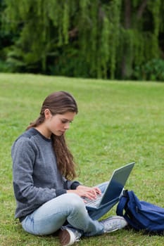 Serious young girl using her laptop while sitting cross-legged on the grass in a park