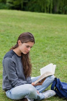 Young woman sitting on the grass while crossing her legs and reading a book