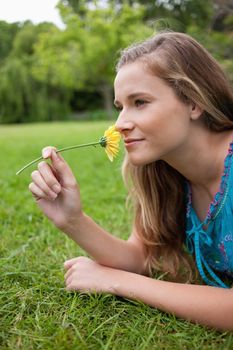 Side view of a young relaxed girl lying on the grass in a park while smelling a flower