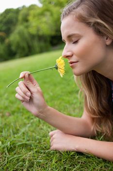 Young relaxed girl closing her eyes while smelling a yellow flower in a park