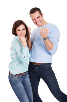 Portrait of beautiful young couple. Isolated on white