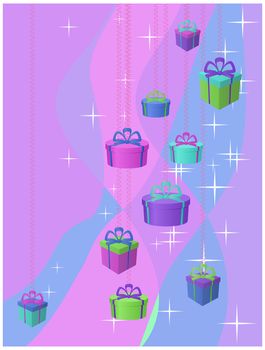 Background: stars and gift boxes on a colour background