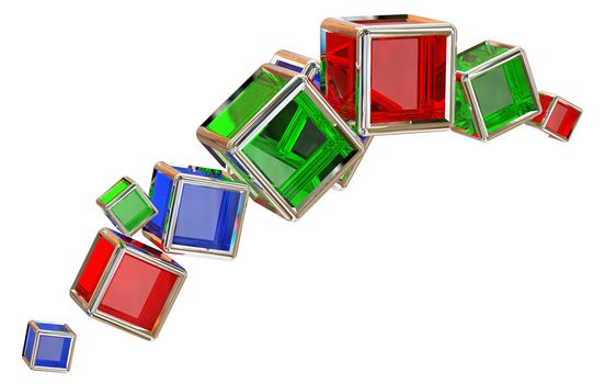 red, blue and green glass cubes in a metal frame