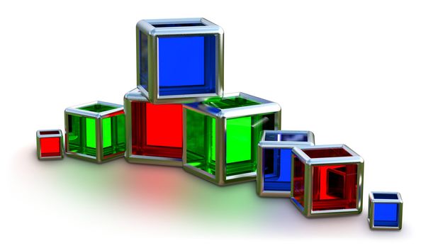 red, blue and green glass cubes in a metal frame