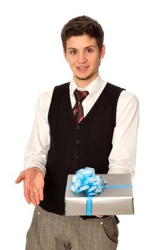 happy seller holding in the hands the gray box with blue ribbon as a gift