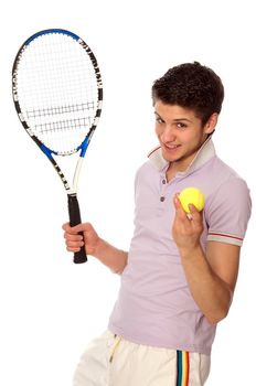 man with racket concentrated on playing tennis and preparing for the ball serving