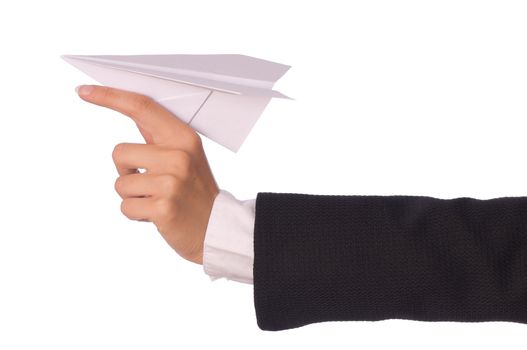 Businesswoman throwing white paper plane on the break