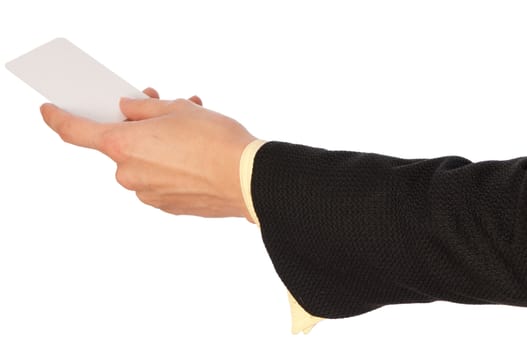 businesswoman giving her business card to the partners