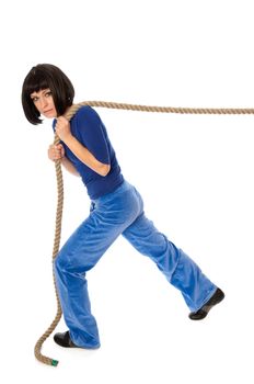 The strong-willed woman plays of pulling of a rope and wins
