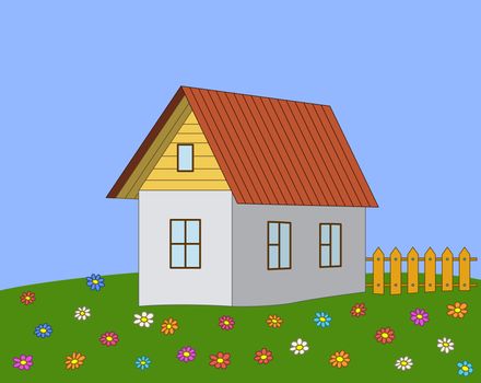 Little rural house with a red roof and a wooden fence stands on a green meadow among flowers