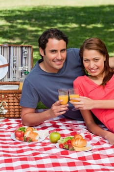 Two friends touching glasses in celebration while looking in front of them as they lie on a blanket with a picnic basket and food