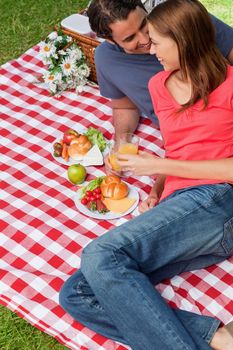Two friends looking into each others eyes while they are holding glasses as they lie on a blanket with a picnic basket and food