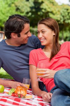 Two friends looking at each other while they hold glasses as they lie on a blanket with a picnic basket, flowers and food