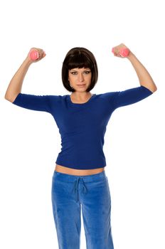 instructor showing to people exercises using dumbbells at gym