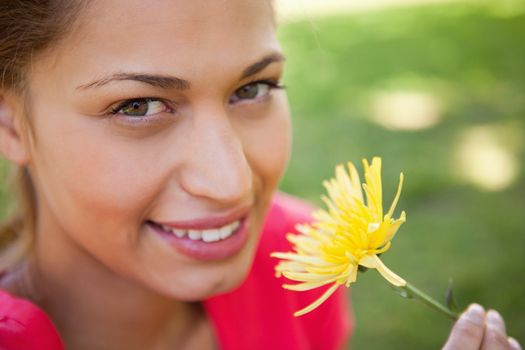 Woman looking towards the camera while holding a yellow flower with grass in the background