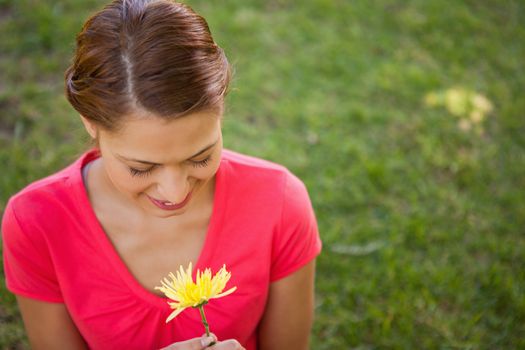 Woman looking downwards at the yellow flower being held in her hand, with grass in the background