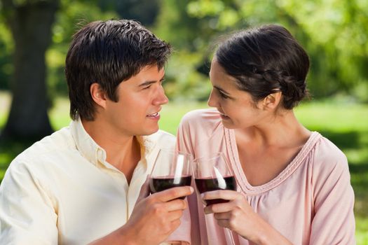 Man and a woman smiling while looking at each other as they touch glasses of red wine in a park