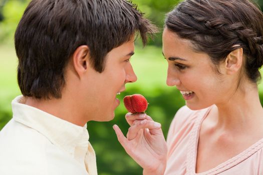 Smiling woman looking at her friend while offering him a strawberry in a a park