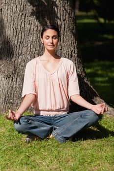Woman sitting in a yoga position while sitting near the base of a tree